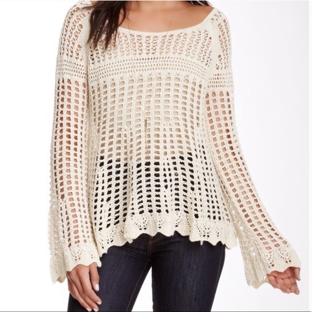 Free People Bell Sleeve Crochet Sweater Top